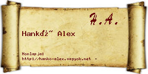 Hankó Alex névjegykártya